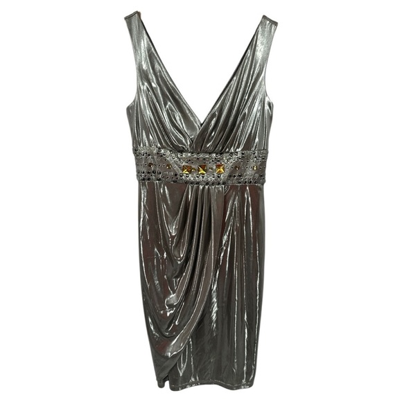 Jovani Silver Metallic Rhinestone Detail Laminated Jersey Cocktail Dress -Size 8 - Picture 2 of 10